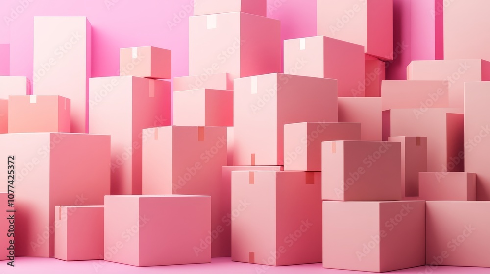 Pink background with 3D render of cardboard box stack representing express delivery, warehousing, parcel transport, and online shopping. Pink background with 3D render of cardboard box stack representing express delivery, warehousing, parcel transport, and online shopping.