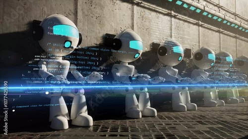 Robots working and typing on virtual keyboard with AI Technology. Artificial intelligence mechanical cyborgs. Futuristic high-tech innovation concept