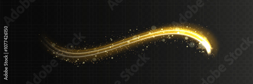 Golden flash with glittering dust particles. Christmas shooting star trail, shining light effects. Element for your design, advertising, invitation, postcards