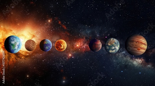 Solar System planets in line with Milky Way galaxy in background, sun to Jupiter, astronomy concept