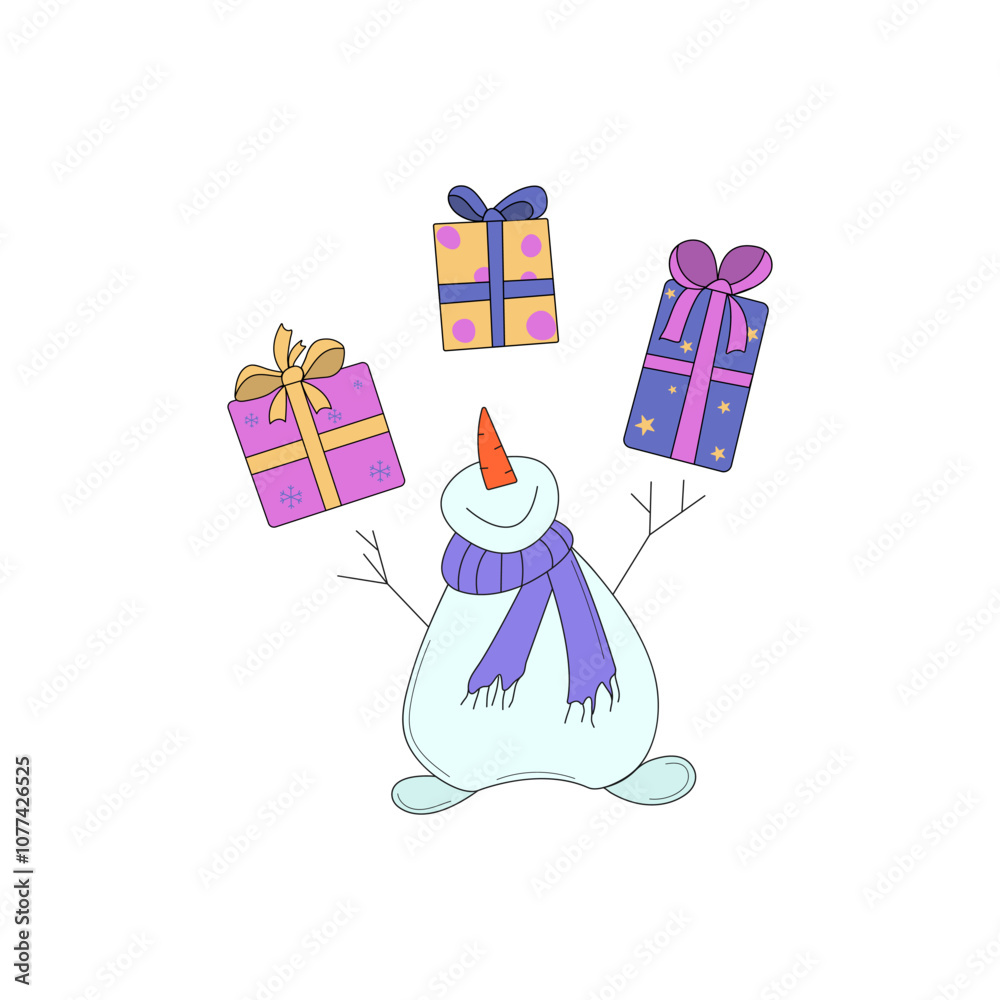 Fototapeta premium Happy snowman and gift boxes. Winter holidays greeting cards, banners, posters. Doodle vector illustration.