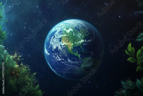 Planet Earth from space surrounded by stars and greenery