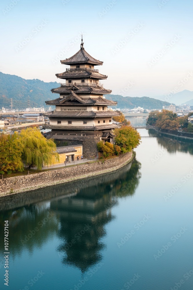 Discover the majestic architecture of a historic pagoda overlooking tranquil waters in autumn Discover the majestic architecture of a historic pagoda overlooking tranquil waters in autumn