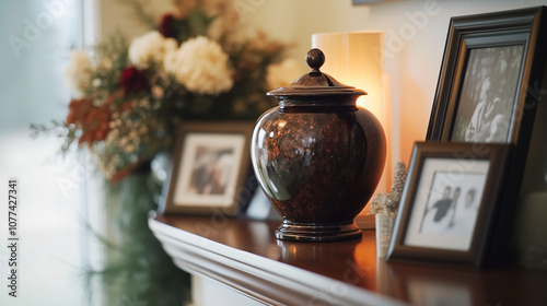  Memorial urn on mantel surrounded by framed photos and flowers