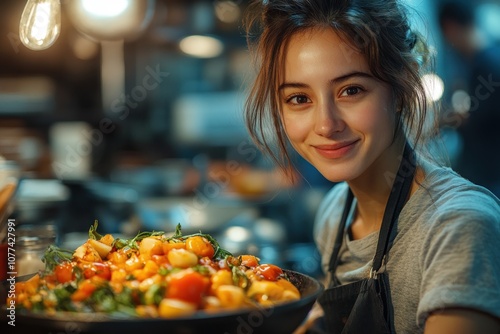 A young woman chef smiles while holding a pan of freshly prepared vegetables.