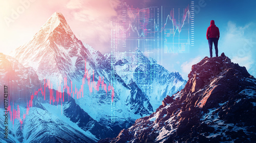 Man Standing on Mountain Peak with Stock Market Chart Overlay