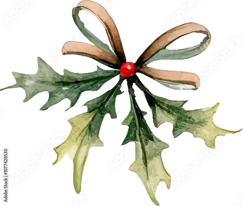 Mistletoe with Bow Christmas Decoration Watercolor