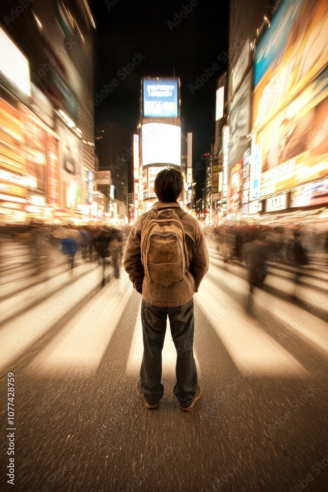 Obraz premium A solitary figure stands amid the bustling energy of times square at night capturing the essence of urban life