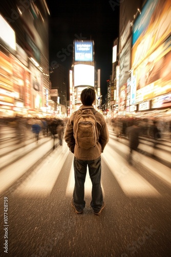 A solitary figure stands amid the bustling energy of times square at night capturing the essence of urban life