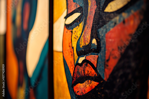 Closeup of vibrant abstract African-inspired artwork featuring expressive faces, highlighting bold colors and textures in a modern gallery setting