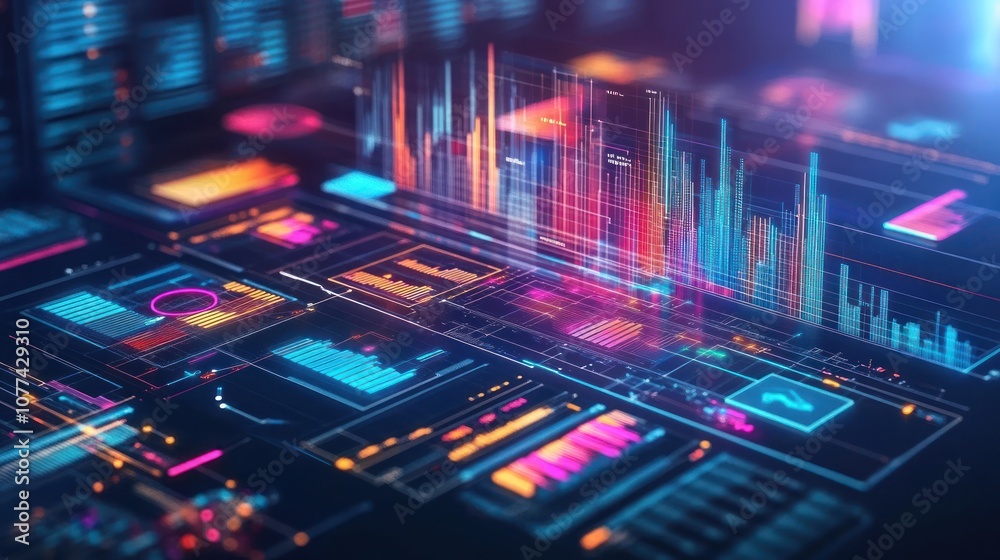 Obraz premium A futuristic digital interface with glowing lines, graphs and charts representing data and analytics.