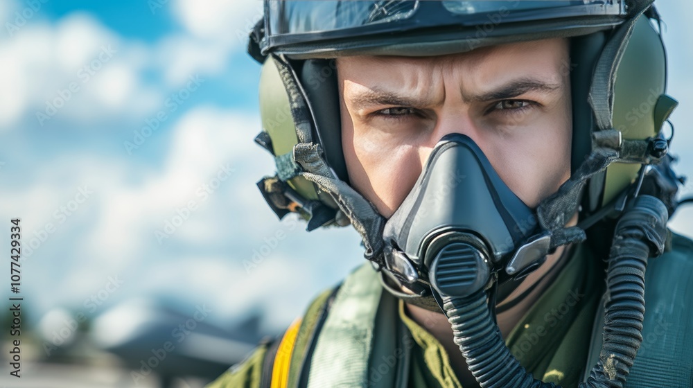 Determined military pilot in green flight suit and helmet, prepared for high stakes air mission Determined military pilot in green flight suit and helmet, prepared for high stakes air mission