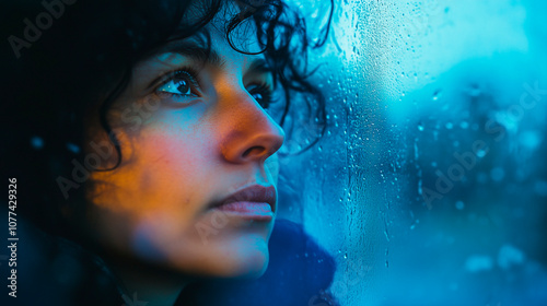  Woman gazing through a rain-covered window with colorful reflections on her face, conveying introspection and melancholy