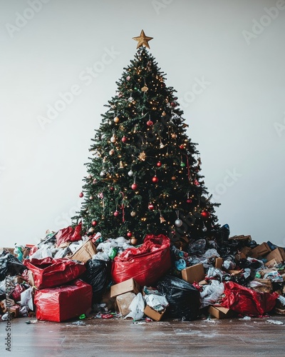 Decorated christmas tree growing on a pile of garbage symbolizing consumerism, waste, and environmental issues