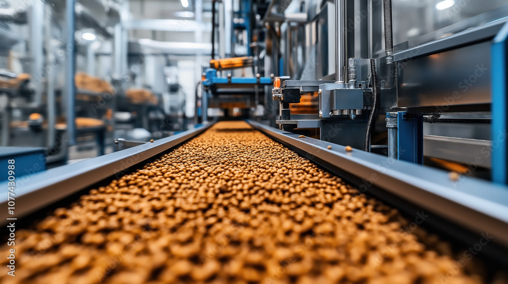 Industrial production line with conveyor belt transporting large quantity of brown pellets in a modern factory setting with machinery. Industrial production line with conveyor belt transporting large quantity of brown pellets in a modern factory setting with machinery.