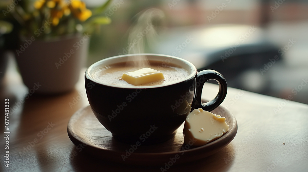 Hot Butter Coffee with Steam in Cozy Setting Hot Butter Coffee with Steam in Cozy Setting