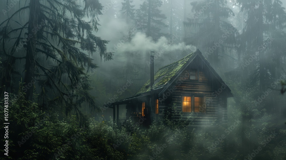 Cozy Cabin in Misty Forest with Smoke Billowing During Rainstorm