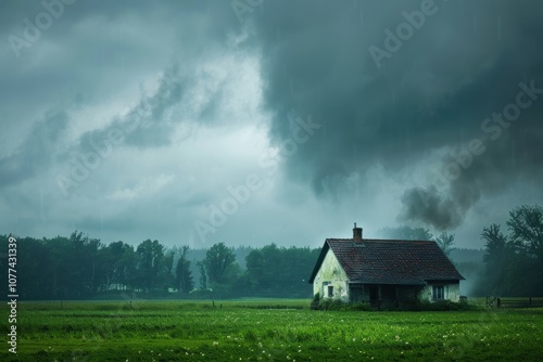 Cozy Farmhouse in Rainstorm Amidst Lush Green Fields with Chimney Smoke in Countryside