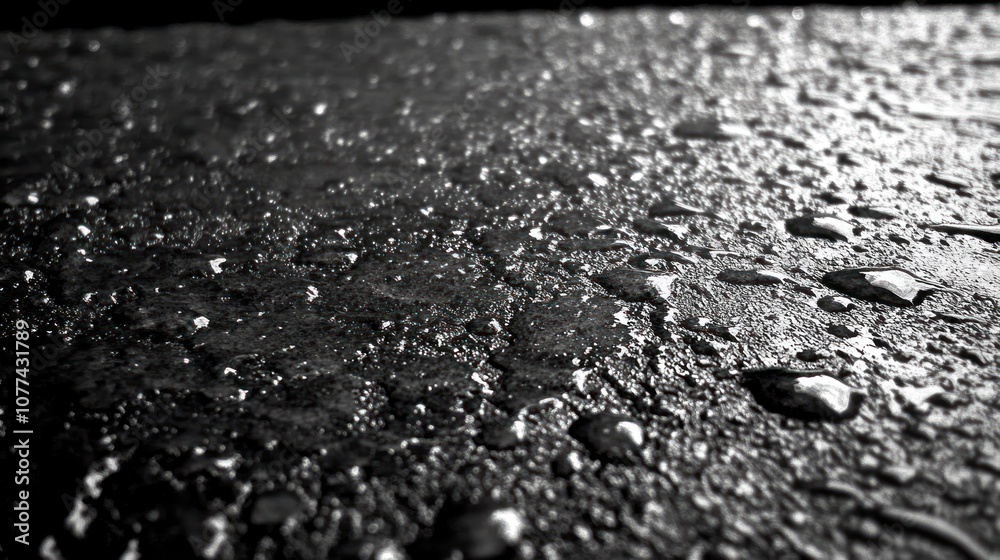 Close-up of raindrops on a dark, textured surface. Close-up of raindrops on a dark, textured surface.