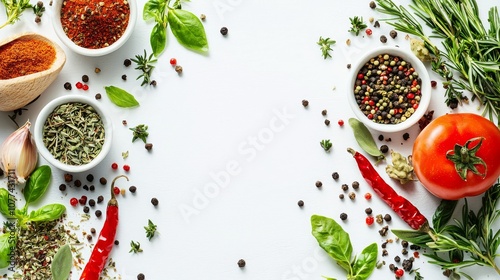 Spices, herbs, and kitchen utensils on a white background