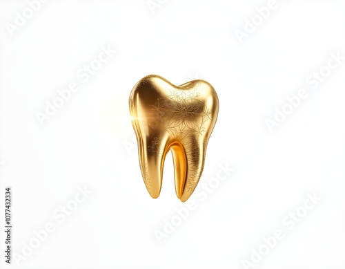 Premium Gold Tooth with Intricate Engravings and Mirror-Like Finish on White Background – High-Quality Luxury Dental Jewelry Concept