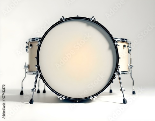 High-Resolution White Bass Drum with Chrome Accents and Pearlescent Finish on White Background – Realistic Detail of Pedals, Metal Rims, and Wood Grain Texture