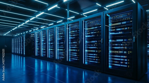 A blue light server room interior in a datacenter with modern technology such as web networks, internet telecommunications, and big data storage.