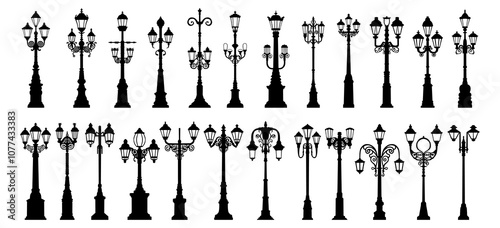 A collection of vintage-style street lamp silhouettes in various ornate designs.	
