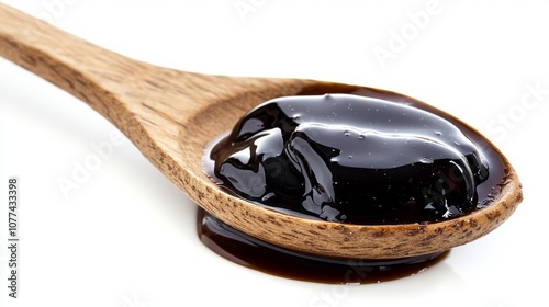 Isolated white spoon holding balsamic sauce photo