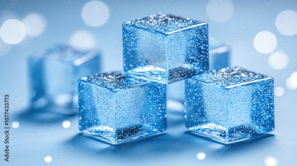 Closeup of three wet ice cubes stacked on blue background. Closeup of three wet ice cubes stacked on blue background.