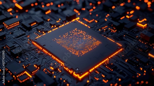 In 3D, a smart chip processor illustration represents big data connections with buildings symbolizing it. photo