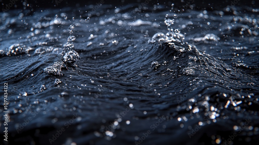 Close-up of water droplets falling on a dark water surface, creating ripples and bubbles. Close-up of water droplets falling on a dark water surface, creating ripples and bubbles.