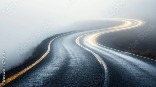 Fog-covered mountain road with headlights reflecting off slick asphalt, winding curves disappearing into mist, copy space