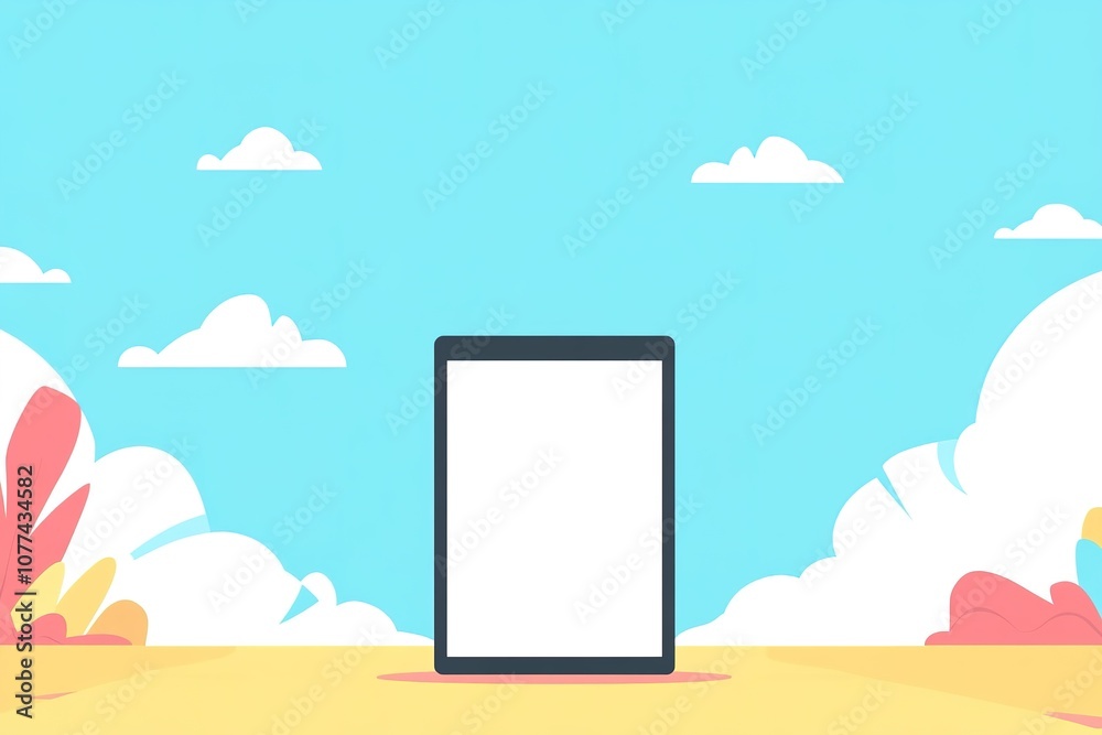 Fototapeta premium Tablet on sand with sunny sky backdrop, clouds, space for text