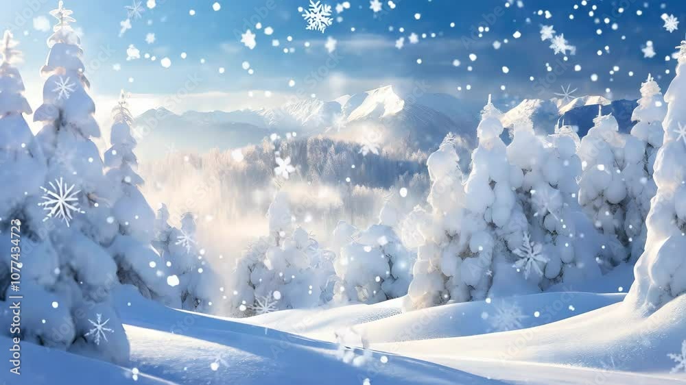 A stunning snowy mountain landscape under a clear blue sky with sunlight softly illuminating snow-covered trees, creating a magical winter wonderland atmosphere