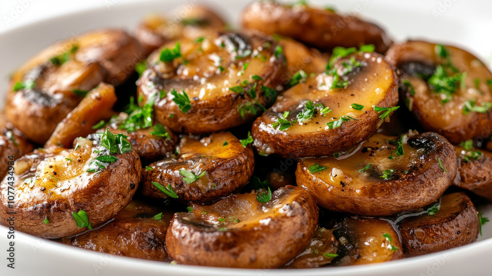 Sautéed mushrooms with garlic and herbs on a plate. Sautéed mushrooms with garlic and herbs on a plate.