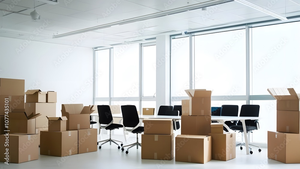 Workplace with chairs and cardboard boxes in office on moving day Workplace with chairs and cardboard boxes in office on moving day