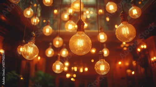 Warm, glowing vintage light bulbs hanging from the ceiling create a cozy and inviting atmosphere.