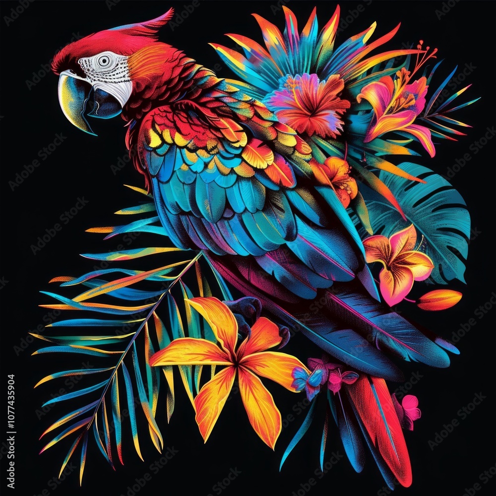 Obraz premium Colorful parrot illustration with neon tropical flowers and leaves on black background. Digital art featuring vibrant feathers and exotic floral details. Generative AI
