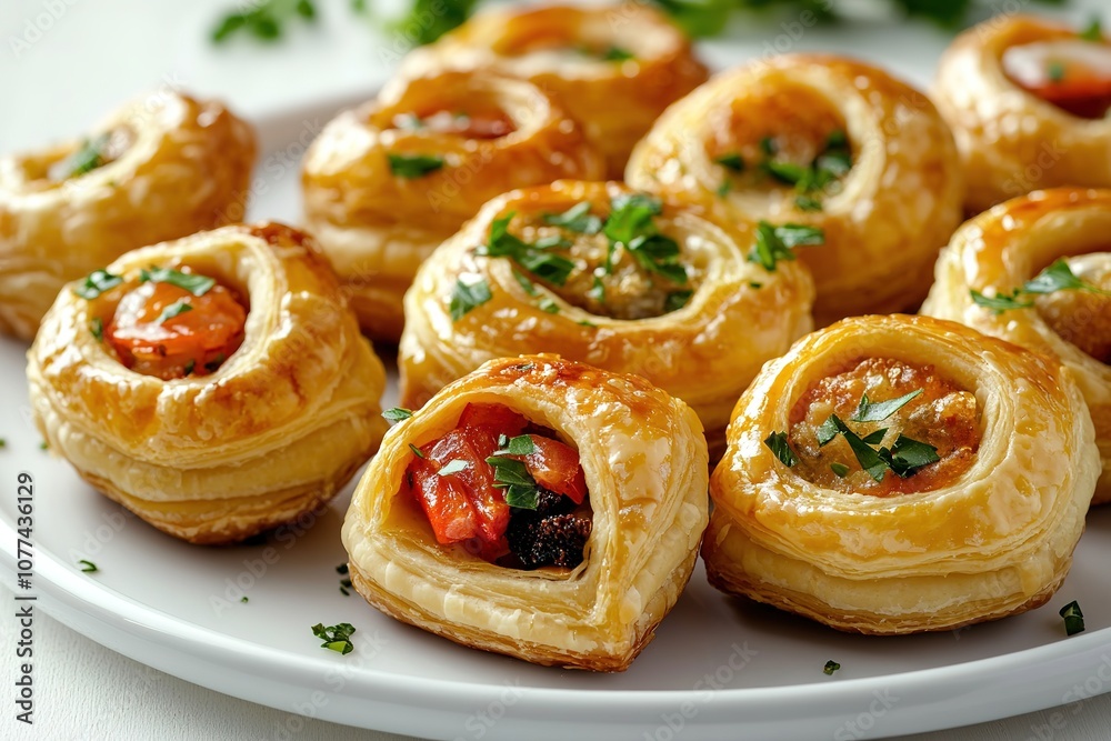 Golden pastry puffs with tomato and herbs on plate Golden pastry puffs with tomato and herbs on plate