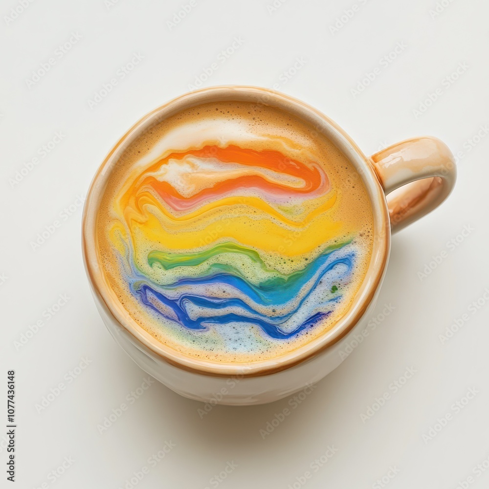 A cup of coffee with rainbow colored latte art. A cup of coffee with rainbow colored latte art.