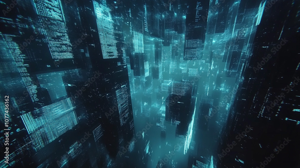 Naklejka premium Futuristic Cityscape Abstract Digital Art Binary Code Glowing Blue Data Towers