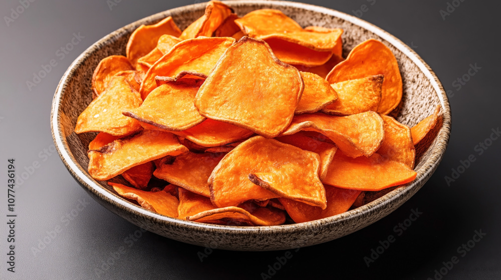 Close-up of a bowl filled with crispy orange-colored sweet potato chips on a dark background highlighting snack food textures.