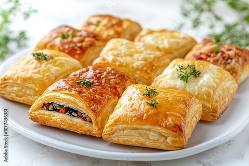 Freshly baked puff pastries on white plate with herbs