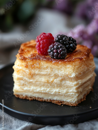 Layered cake with berries on a black plate.