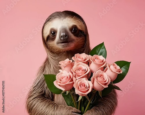 A sloth with flowers is saying something against a pink background

