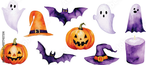 Orange and Purple Halloween Object Collection Watercolor Illustration