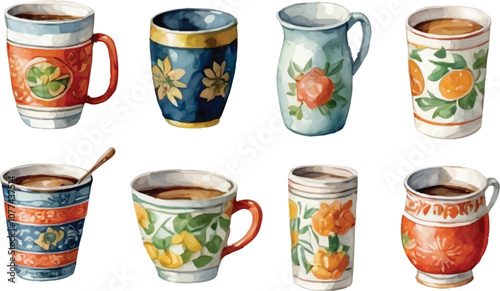 Vintage Floral Ceramic Mugs Watercolor Collection