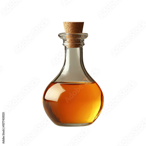 Elegant Glass Decanter with Amber-Colored Liquid and Cork Stopper