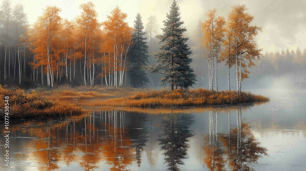 Fototapeta premium Misty Lake Surrounded by Trees 